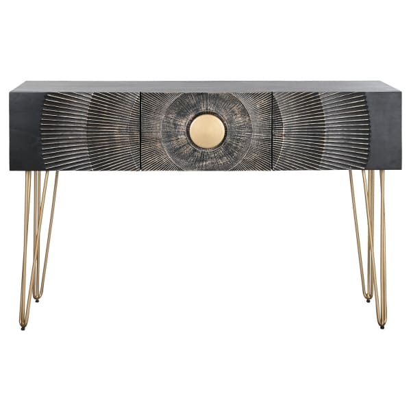 Console d'entrée Mandala Indien en Bois Noir et Doré