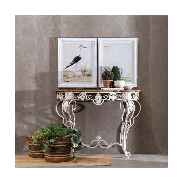 Console Design Baroque Home Decor in White Wrought Iron and Wood 