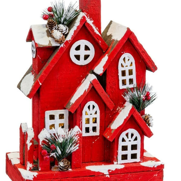 Maison de Noël Lumineuse en Bois Rouge Enneigé, Décoration de Noël (24 x 13 x 33 cm)