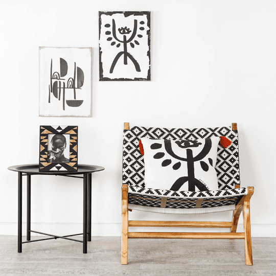 Fauteuil Africain en Teck Massif Naturel, Noir et Blanc