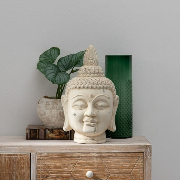 Tête de Bouddha Décorative en Terre Cuite Blanche (24,5 x 24,5 x 41 cm)