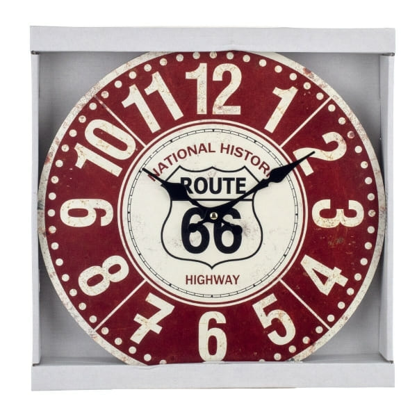 Horloge Murale "Route 66" en Bois Rouge et Blanc ( 4 x 34 x 34 cm)