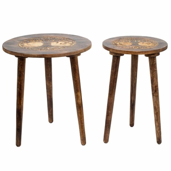 Tables Gigognes Design Arbre de Vie en Bois Sculpté Marron