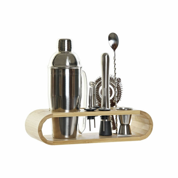 Silver Stainless Steel Cocktail Kit and Bamboo Wood Stand Home Decor