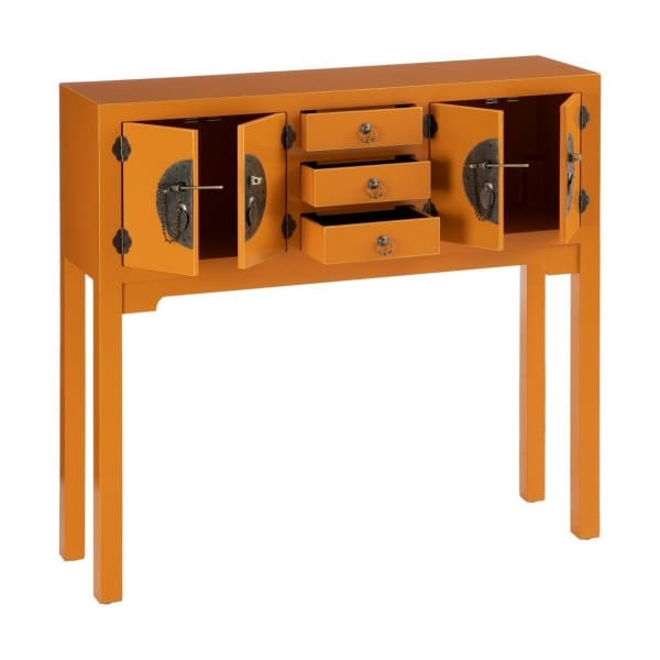 Chinese Design Entrance Cabinet in Orange Wood and Metal (95 x 26 x 90 cm)