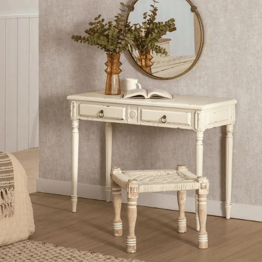 Meuble Console Shabby Chic en Bois Vieilli Blanc