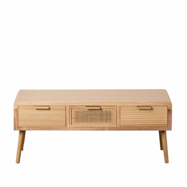 Table Basse 3 Tiroirs en Bois et Rotin Naturel