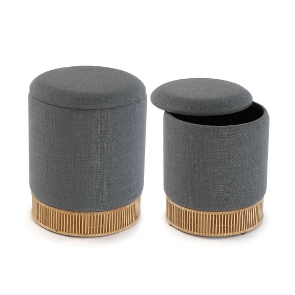 Jeu de 2 Tabourets Coffres Lin et Bambou, gris