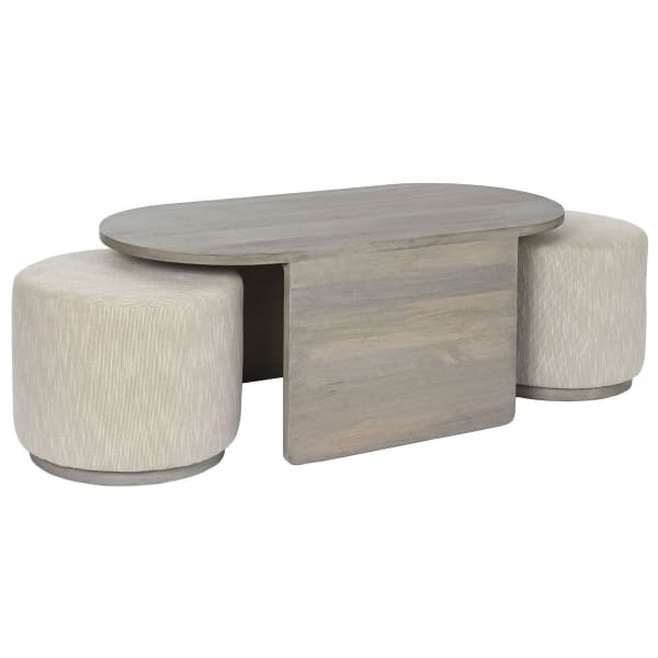 Table Basse avec Poufs Intégrés, Bois de manguier Gris et Tissu Beige Design Contemporain