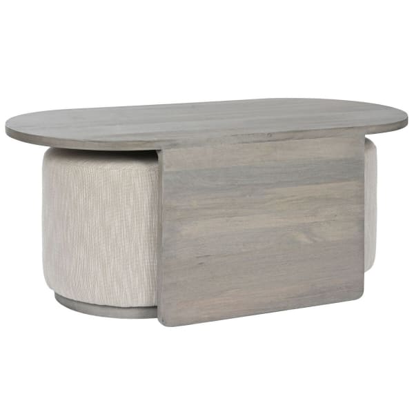 Table Basse avec Poufs Intégrés, Bois de manguier Gris et Tissu Beige Design Contemporain