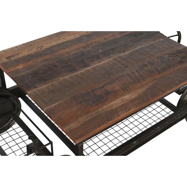 Vintage Industrial Cart Design Coffee Table in Black Metal and Solid Wood