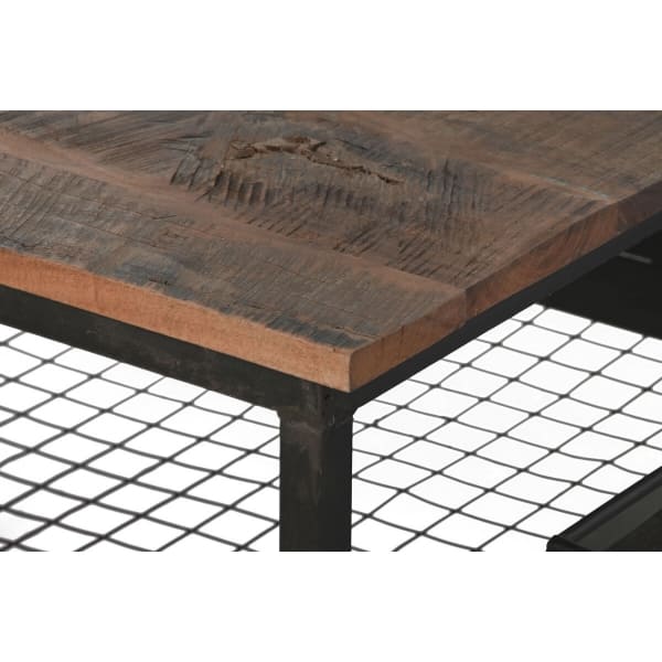 Vintage Industrial Cart Design Coffee Table in Black Metal and Solid Wood