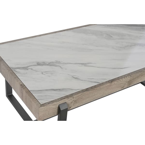 Table Basse Contemporaine en Marbre Blanc, Bois Naturel et Métal Gris Foncé