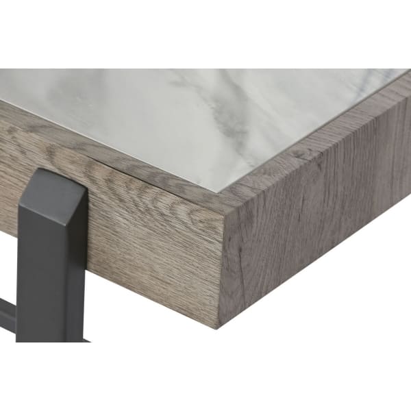 Table Basse Contemporaine en Marbre Blanc, Bois Naturel et Métal Gris Foncé