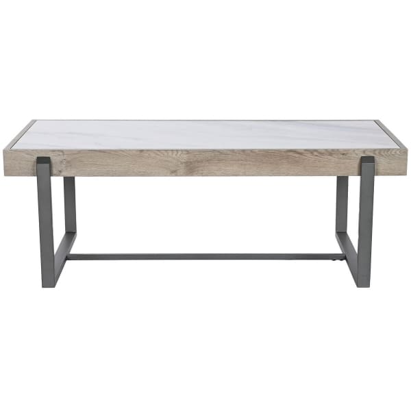 Table Basse Contemporaine en Marbre Blanc, Bois Naturel et Métal Gris Foncé