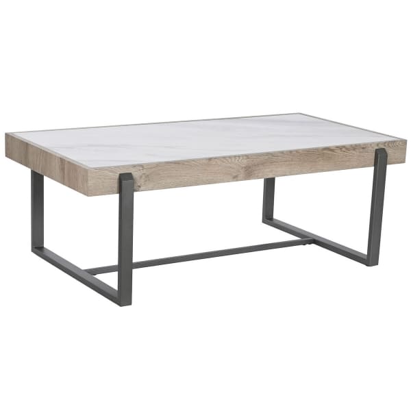 Table Basse Contemporaine en Marbre Blanc, Bois Naturel et Métal Gris Foncé