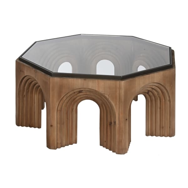 Table Basse Ronde Arches Sculptées en Bois et Verre