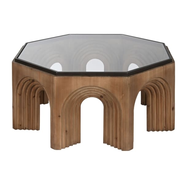 Table Basse Ronde Arches Sculptées en Bois et Verre