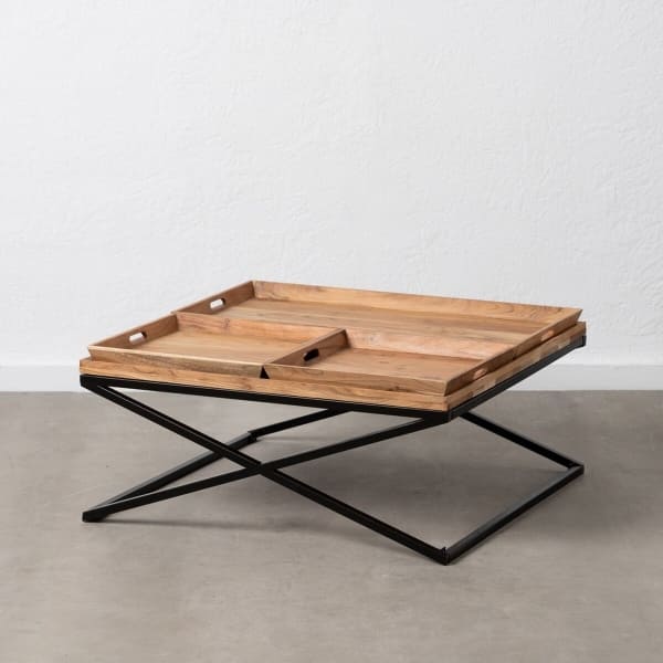 Table Basse Industrielle Bois et Métal avec Compartiments de Rangement