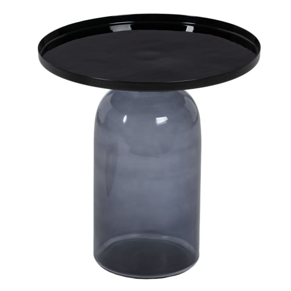 Table d'Appoint en Verre Soufflé Gris et Métal Noir Design Contemporain