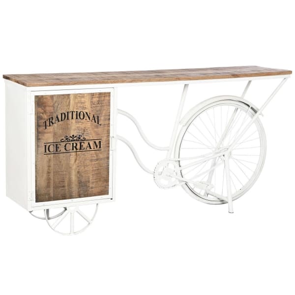 Console d'Entrée Design Triporteur Chariot à Glace Blanc et Bois