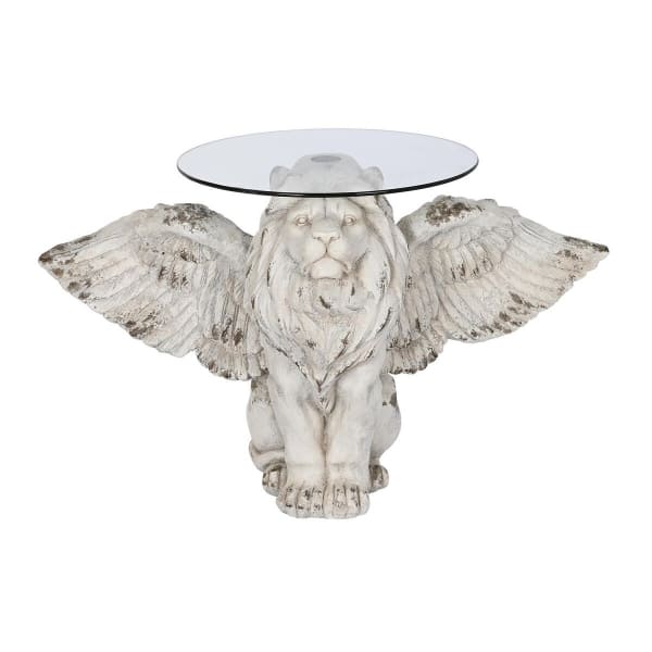 Table Basse Lion Ailé en Magnésium Gris, Beige et Verre (96 x 52 x 62 cm)