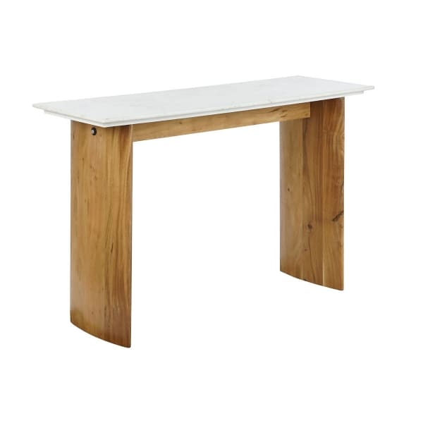 Meuble Console Design Japonais en Marbre Blanc et Bois de Manguier (120 x 38 x 77 cm)