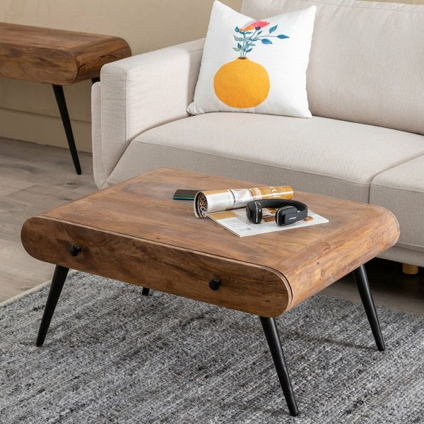 Table Basse Design Loft avec Tiroir Home Decor Bois et Métal Noir