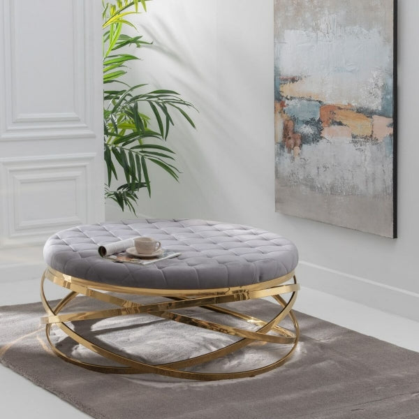 Table Basse Ronde Design Contemporain Home Decor Tissu Gris et Métal Doré