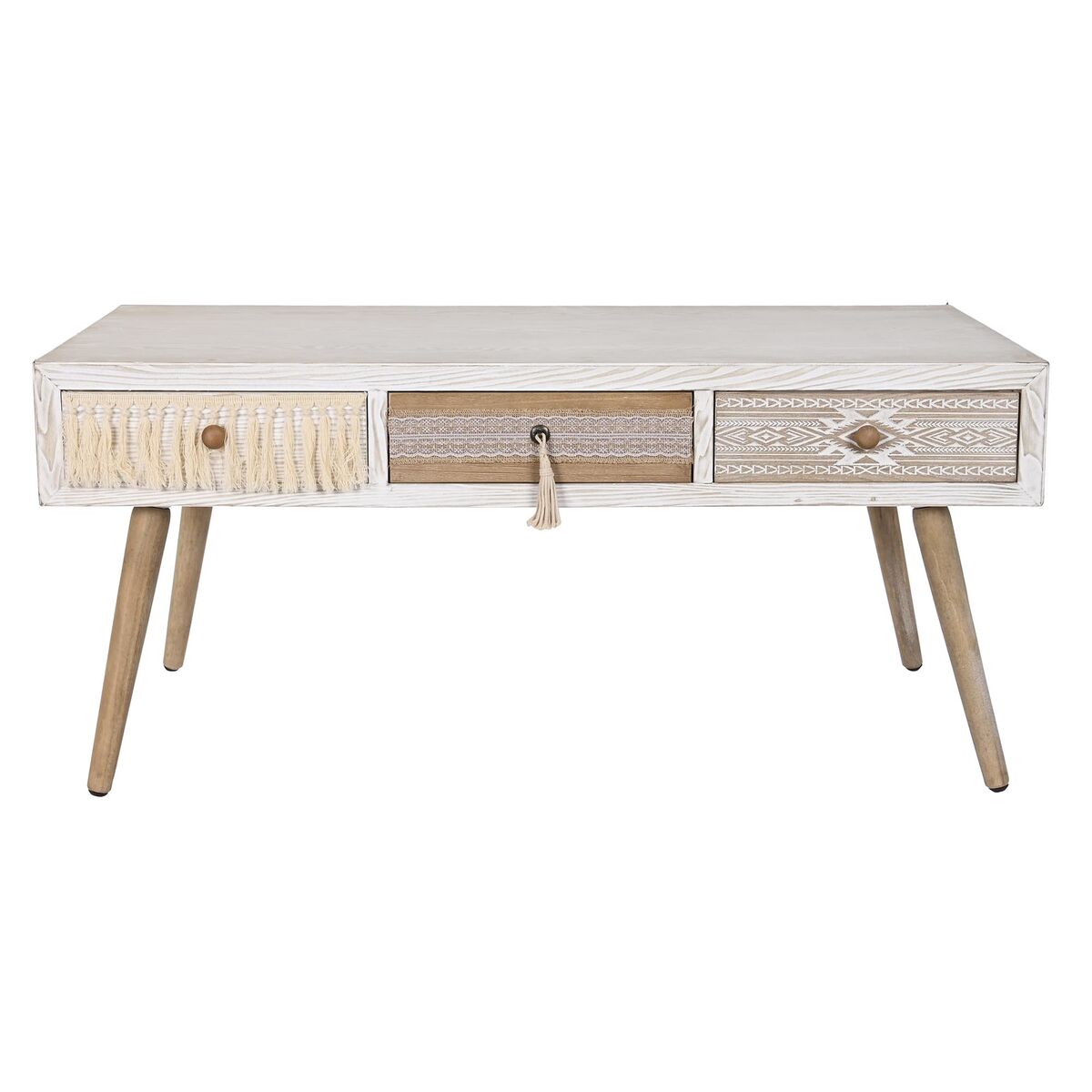 Table Basse Bohème Bois et Coton Blanc