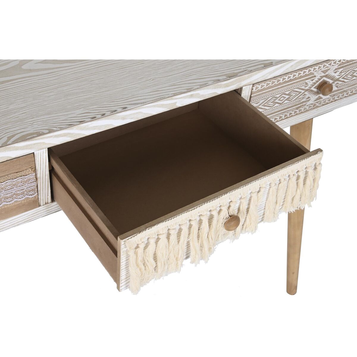 Boho Chic Console Table in White Cotton Fringe and Fir Wood (120 x 35 x 80 cm)