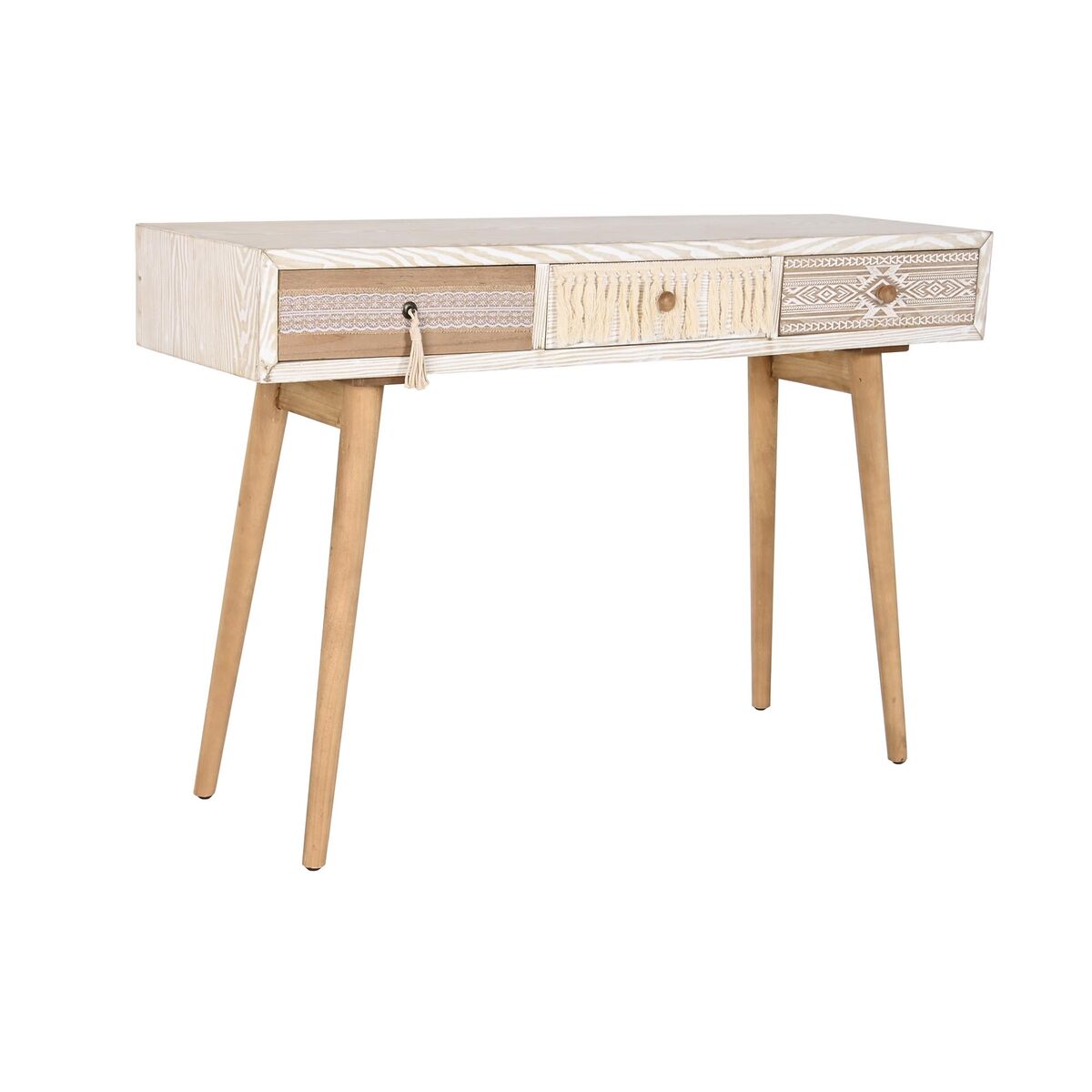 Console Bobo Chic en Bois de Sapin et Franges en Coton Blanc (120 x 35 x 80 cm)