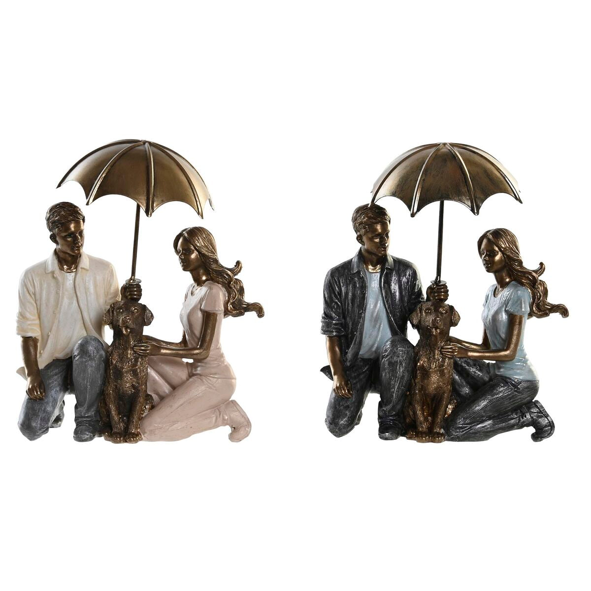 Ensemble de 2 Figurines Couple et son Chien Doré et Multicolore en Résine (15,5 x 8,5 x 14,5 cm) (15,5 x 8,5 x 19 cm) (2 Unités)